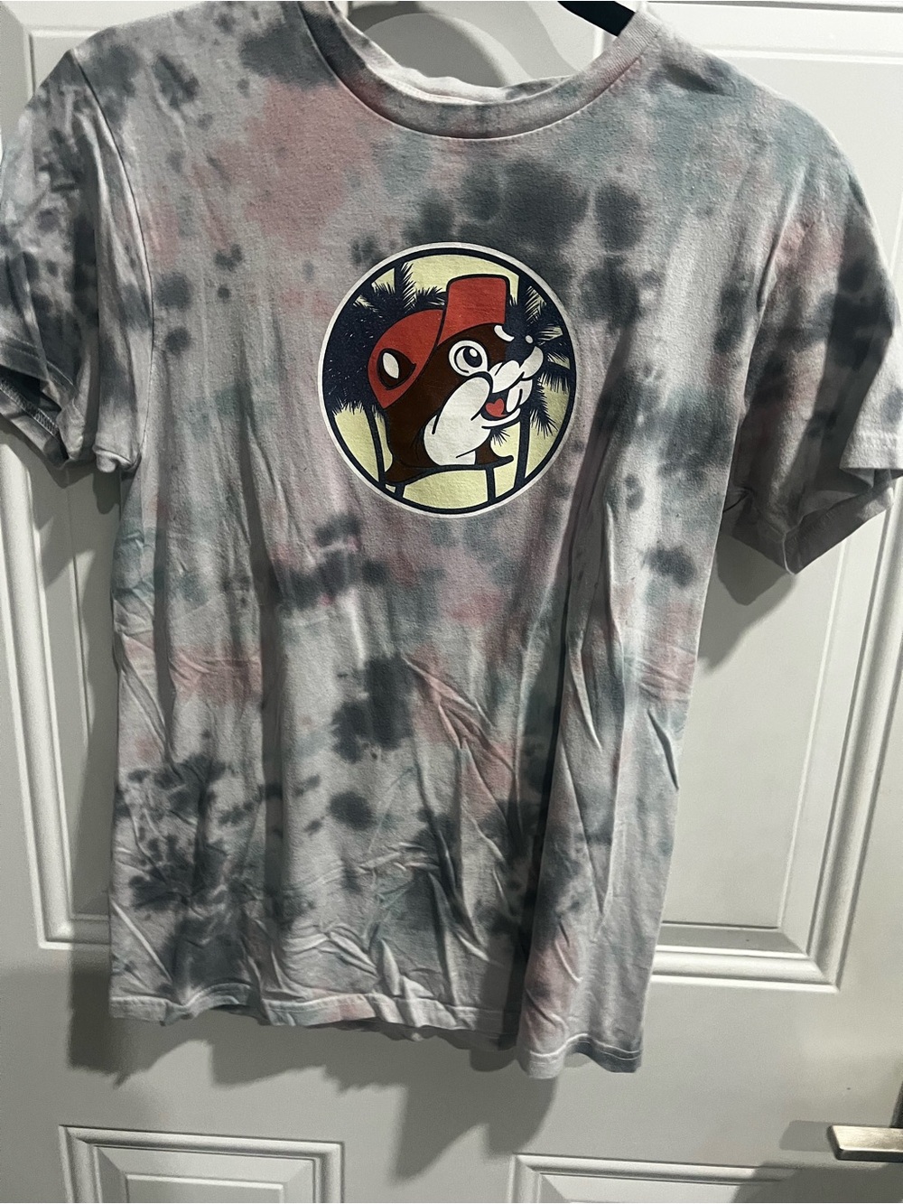 Tie-Dye Short Sleeve Tee with Graphic Patch - Gray Pink